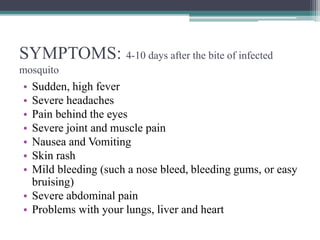 SYMPTOMS: 4-10 days after the bite of infected
mosquito
• Sudden, high fever
• Severe headaches
• Pain behind the eyes
• Severe joint and muscle pain
• Nausea and Vomiting
• Skin rash
• Mild bleeding (such a nose bleed, bleeding gums, or easy
bruising)
• Severe abdominal pain
• Problems with your lungs, liver and heart
 