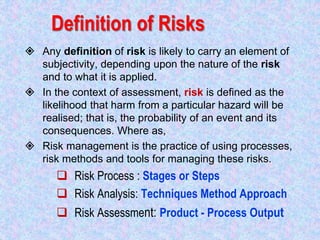 Definition of Risks
 Any definition of risk is likely to carry an element of
subjectivity, depending upon the nature of the risk
and to what it is applied.
 In the context of assessment, risk is defined as the
likelihood that harm from a particular hazard will be
realised; that is, the probability of an event and its
consequences. Where as,
 Risk management is the practice of using processes,
risk methods and tools for managing these risks.
 Risk Process : Stages or Steps
 Risk Analysis: Techniques Method Approach
 Risk Assessment: Product - Process Output
 