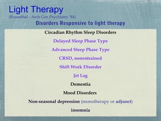 Light Therapy
(Rosenthal - Arch Gen Psychiatry ’84)
Disorders Responsive to light therapy
Circadian Rhythm Sleep Disorders
Delayed Sleep Phase Type
Advanced Sleep Phase Type
CRSD, nonentrained
Shift Work Disorder
Jet Lag
Dementia
Mood Disorders
Non-seasonal depression (monotherapy or adjunct)
insomnia
 