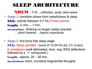 SLEEP ARCHITECTURESLEEP ARCHITECTURE
NREM : 1-4…orthodox, quiet, slow-wave
• Stage 1: transition phase from wakefulness & sleep
EEG:EEG: activity between 3-7 Hz (Theta waves)
length:length: ½ min. – 7 min.
mentation: thinking no longer reality-oriented
…short dreams …hypnic myoclonia
• Stage 2: first bona fide sleep stage
EEG: Sleep spindles - burst of 12-24 Hz act. (½ -2 sec)
K complexes (well delineated, slow, neg. EEG deflections
followed by a ‘+’ component )
length: approx. 20 – 30 min.
mentation: short, mundane fragmented thoughts
 