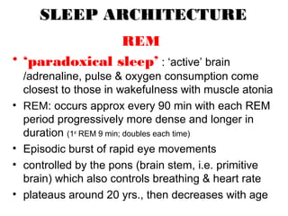 SLEEP ARCHITECTURESLEEP ARCHITECTURE
REM
• ‘paradoxical sleep’ : ‘active’ brain
/adrenaline, pulse & oxygen consumption come
closest to those in wakefulness with muscle atonia
• REM: occurs approx every 90 min with each REM
period progressively more dense and longer in
duration (1st
REM 9 min; doubles each time)
• Episodic burst of rapid eye movements
• controlled by the pons (brain stem, i.e. primitive
brain) which also controls breathing & heart rate
• plateaus around 20 yrs., then decreases with age
 