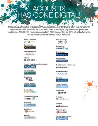 ACOUSTIX
HAS GONE DIGITAL!
Through a partnership with Naked Voice Records, over 60 tracks from five ACOUSTIX
releases are now available for download from a variety of digital content providers
worldwide. ACOUSTIX music downloads in 2007 accounted for 43% of all barbershop
content distributed by Naked Voice Records.
 