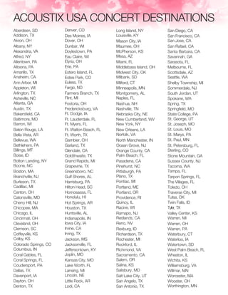 Aberdeen, SD
Addison, TX
Akron, OH
Albany, NY
Alexandria, VA
Alfred, NY
Allentown, PA
Altoona, PA
Amarillo, TX
Anaheim, CA
Ann Arbor, MI
Appleton, WI
Arlington, TX
Asheville, NC
Atlanta, GA
Austin, TX
Bakersfield, CA
Baltimore, MD
Barron, WI
Baton Rouge, LA
Bella Vista, AR
Bellevue, WA
Bethlehem, PA
Billings, MT
Boise, ID
Bolton Landing, NY
Boone, NC
Boston, MA
Branchville, NJ
Burleson, TX
Cadillac, MI
Canton, OH
Catonsville, MD
Cherry Hill, NJ
Chicopee, MA
Chicago, IL
Cincinnati, OH
Cleveland, OH
Clemson, SC
Coffeyville, KS
Colby, KS
Colorado Springs, CO
Columbus, IN
Coral Gables, FL
Coral Springs, FL
Coudersport, PA
Dallas, TX
Davenport, IA
Dayton, OH
Denton, TX
Denver, CO
Des Moines, IA
Dover, OH
Dunbar, WI
Doylestown, PA
Eau Claire, WI
Elyria, OH
Erie, PA
Estero Island, FL
Estes Park, CO
Euless, TX
Fargo, ND
Farmers Branch, TX
Flint, MI
Fostoria, OH
Fredericksburg, VA
Ft. Dodge, IA
Ft. Lauderdale, FL
Ft. Myers, FL
Ft. Walton Beach, FL
Ft. Worth, TX
Gambier, OH
Garland, TX
Glendale, CA
Goldthwaite, TX
Grand Rapids, MI
Grapevine, TX
Greensboro, NC
Gulf Shores, AL
Harrisburg, PA
Hilton Head, SC
Homosassa, FL
Honolulu, HI
Hot Springs, AR
Houston, TX
Huntsville, AL
Indianapolis, IN
Iowa City, IA
Irvine, CA
Irving, TX
Jackson, MS
Jacksonville, FL
Jeffersontown, KY
Joplin, MO
Kansas City, MO
Lake Worth, FL
Lansing, MI
Lincoln, NE
Little Rock, AR
Lodi, CA
Long Island, NY
Louisville, KY
Mason City, IA
Maumee, OH
McPherson, KS
Mesa, AZ
Miami, FL
Middlebass Island, OH
Midwest City, OK
Milbank, SD
Milford, CT
Minneapolis, MN
Montgomery, AL
Naples, FL
Nashua, NH
Nashville, TN
Nebraska City, NE
New Cumberland, WV
New York, NY
New Orleans, LA
Norfolk, VA
North Manchester, IN
Ocean Grove, NJ
Orange County, CA
Palm Beach, FL
Pasadena, CA
Pinehurst, NC
Pittsburgh, PA
Plano, TX
Pontiac, MI
Portland, ME
Portland, OR
Providence, RI
Quincy, IL
Racine, WI
Ramapo, NJ
Redlands, CA
Reno, NV
Rexburg, ID
Richardson, TX
Rochester, MI
Rockford, IL
Richmond, VA
Sacramento, CA
Salem, OR
Salina, KS
Salisbury, MD
Salt Lake City, UT
San Angelo, TX
San Antonio, TX
San Diego, CA
San Francisco, CA
San Jose, CA
San Rafael, CA
Santa Barbara, CA
Savannah, GA
Sarasota, FL
Melbourne, FL
Scottsdale, AZ
Seattle, WA
Shelby Township, MI
Sommerdale, NJ
South Jordan, UT
Spokane, WA
Spring, TX
Springfield, MO
State College, PA
St. George, UT
St. Joseph, MO
St. Louis, MO
St. Marys, PA
St. Paul, MN
St. Petersburg, FL
Sterling, CO
Stone Mountain, GA
Sussex County, NJ
Tacoma, WA
Tampa, FL
Tarpon Springs, FL
The Villages, FL
Toledo, OH
Traverse City, MI
Tulsa, OK
Twin Falls, ID
Tyler, TX
Valley Center, KS
Warren, MI
Warren, OH
Warren, PA
Waterbury, CT
Waterloo, IA
Watertown, SD
West Palm Beach, FL
Wheaton, IL
Wichita, KS
Williamsburg, VA
Willmar, MN
Worcester, MA
Wooster, OH
Worthington, MN
ACOUSTIX USA CONCERT DESTINATIONS
 