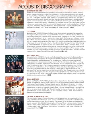 O WORSHIP THE KING
ACOUSTIX continues their tradition of presenting a wide variety of musical styles with this heavenly
blend of Inspirational, Sacred, Gospel and Contemporary Christian selections, including: O Worship
the King, You’ll Never Walk Alone, The Lord’s Prayer, Hymns of the Cross Medley (In the Cross, Beneath
the Cross, Old Rugged Cross), My Tribute, Breathe On Me Breath of God, Fear Not My Child, What
Wondrous Love is This and O Sacred Head Now Wounded Medley, My Lord and I, Swing Low Sweet
Chariot, American / Canadian Ode to Joy, featuring the Toronto Northern Lights Chorus, I’ll Fly Away
Medley (I’ll Fly Away, I Saw The Light, Will the Circle Be Unbroken and This Little Light of Mine) This disc
includes new custom vocal charts from some of the biggest names in vocal music, like Gene Puerling,
Kirby Shaw, Jim Clancy and Jay Giallombardo. While predominantly a cappella in content, a few cuts
feature accompaniment from a simple drum track to an 18-piece big band. $15 CD
COOL YULE
Nominated for a “2000 CARA” Award for Best Holiday Song. Acoustix once again has released an
amazing album. This one however, if you couldn’t tell by the title, is a collection of some of the most
inventive arrangements of Christmas music around. I’ll admit, I received my copy after Christmas, but
as soon as I pressed play, I felt like it was that time of year again! Most songs here make your mouth
drop with the amount of talent these guys possess. Absolutely perfect tuning that sends chills down
your back. It’s also nice how they’re able to switch from pure jazz to barbershop quartet and everything
in the middle. My personal favorite is You’re a Mean One Mr. Grinch arranged by Greg Volk and sung
by Joel T. Rutherford, in my opinion, the best bass in the business. Being a Christmas album it’s not
something one could play all year long, but as far as Christmas albums go, this is one of the best that
I’ve heard. It’s full of a nice variety of music that is fun and pleasing to listen to. There are also many
parts that you’ll have to stop what you’re doing just to enjoy the pure genius that is Acoustix. This one’s
a keeper. – Chris Salnier, Recorded A Cappella Review Board $15 CD
JAZZ, JAZZ, JAZZ
Nominated for two 1999 CARA Awards, one for Best Jazz Album and another for Best Jazz Song,
for Gene Puerling’s arrangement of Unforgettable, which features guest vocalists Jim and Greg
Clancy (Director and Assistant Director of the Vocal Majority). The foursome presents a cache of
songs guaranteed to please a wide variety of listeners. The title track “Jazz, Jazz, Jazz”, is a homage
to the greats of the era: Nat, Benny, Frank, and of course, the Four Freshmen, to whom Acoustix pay
tribute throughout this album. Five of the songs feature orchestral accompaniment from the Dallas
Jazz Orchestra and the Steve Lehmann Big Band on “Jazz, Jazz, Jazz,” “Day by Day,” “Poinciana,”
“Graduation Day / It’s a Blue World” and “Route 66.” Wendy Wilson DeCrow performs on “The
Nearness of You” and the quartet performs Pete Rupay’s All The Way. Many arrangements on the CD
were done by the Greg Volk, including Straighten Up And Fly Right, Orange Colored Sky, Answer Me
My Love, Shine On Your Shoes / Steppin’ Out Medley, and the closing medley of Simon and Garfunkel
hits is presented as a bonus track. $15 CD
STARS & STRIPES
Chosen as a “Top Ten Pick” in 1998 by the Recorded A Capella Review Board, this unique recording
features the magnificent blend of voices called ACOUSTIX. Also appearing on some of the songs are
The American Pops Orchestra, The Vocal Majority, and the 1990 Queens of Harmony from Sweet
Adelines International, Panache. Your collection of patriotic music is not complete without a copy of
Stars & Stripes. SONGS: The Stars And Stripes Forever * The Star Spangled Banner * God Bless The
USA * A Song Like Daddy Used To Play * Blackbird Medley * Unchained Melody * And So To Sleep
Again * If There’s Anybody Here From Out Of Town * God Bless America * This Is The Moment * So
Many Voices Sing America’s Song $15 CD
THE NEW SCIENCE OF SOUND
This recording is a treasure of barbershop and smooth a cappella vocal harmony, including the six
songs Todd Wilson, Rick Middaugh, Jason January and Jeff Oxley performed to win the International
Quartet Championship on their very first attempt. The demand for this recording has not subsided
since its release in 1991. SONGS: I’m Looking Over A Four Leaf Clover * So Long Mother * World War
I Medley * That’s An Irish Lullaby * When It Comes To Lovin’ The Girls / They’re All Sweeties Medley
* Tonight, Tonight * River Of No Return * Irish Blessing * If I Loved You * After Today * I’m Afraid The
Masquerade Is Over $15 CD
ACOUSTIX Discography
 