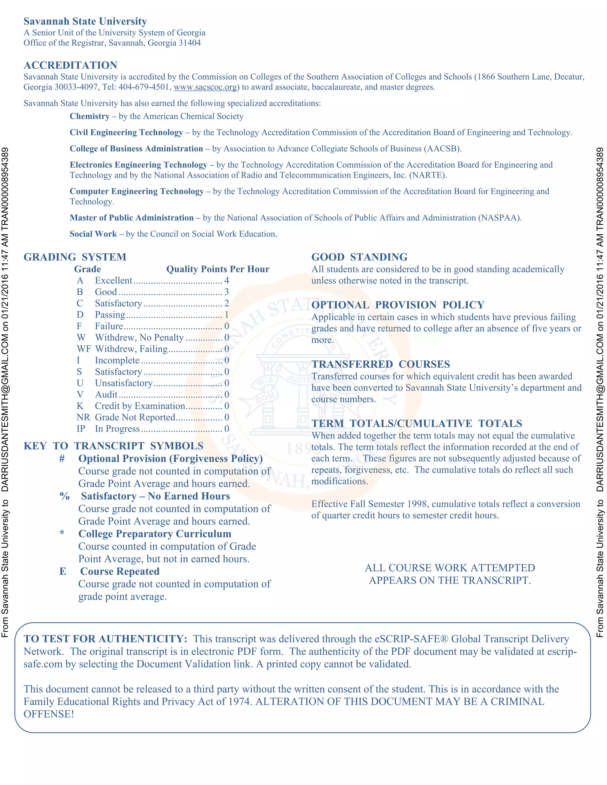Savannah State University Transcript PDF