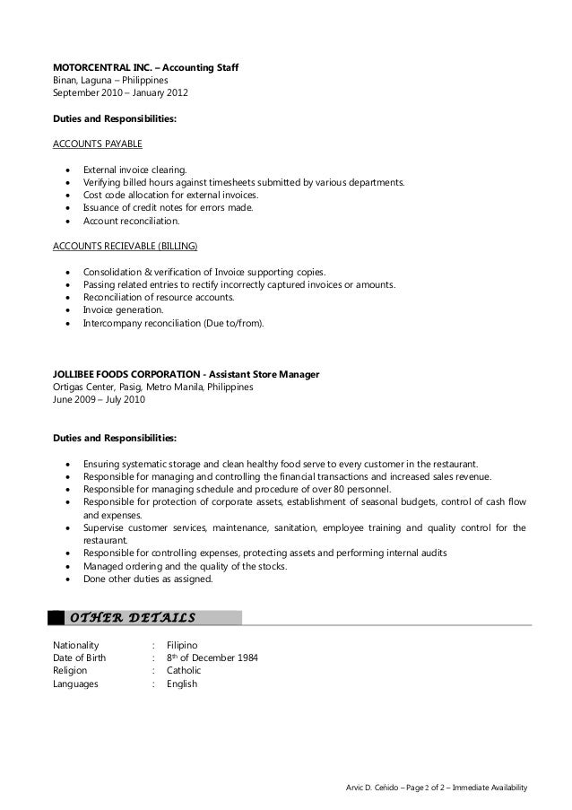 intercompany resume reconciliation Cenido Resume Arvic