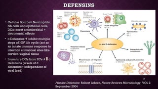 DEFENSINSDEFENSINS
• Cellular Source= Neutrophils,Cellular Source= Neutrophils,
NK cells and epithelial cells,NK cells and epithelial cells,
DCs: exert antimicrobial +DCs: exert antimicrobial +
detrimental effectsdetrimental effects
• Defensinsα  inhibit multiple
steps of HIV life cycle (act as
an innate immune response to
infection at mucosal sites like
cervico-vaginal tissue
• Immature DCs from ECsImmature DCs from ECs α
Defensins (levels of α
defensins= independent of
viral load)
Primate Defensins: Robert Lehrer, Nature Reviews Microbiology, VOL 2
September 2004
16
 