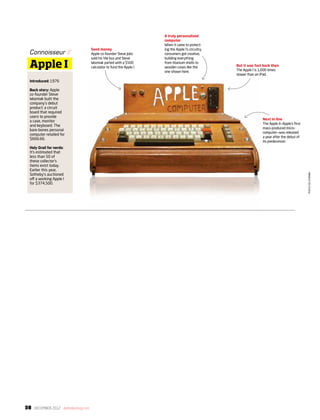 38 DECEMBER 2012 deltaskymag.com
Connoisseur //
Apple I
Introduced: 1976
Back story: Apple
co-founder Steve
Wozniak built the
company’s debut
product: a circuit
board that required
users to provide
a case, monitor
and keyboard. The
bare-bones personal
computer retailed for
$666.66.
Holy Grail for nerds:
It’s estimated that
less than 50 of
these collector’s
items exist today.
Earlier this year,
Sotheby’s auctioned
off a working Apple I
for $374,500.
Seed money
Apple co-founder Steve Jobs
sold his VW bus and Steve
Wozniak parted with a $500
calculator to fund the Apple I. But it was fast back then
The Apple I is 1,000 times
slower than an iPad.
Next in line
The Apple II—Apple’s first
mass-produced micro-
computer—was released
a year after the debut of
its predecessor.
A truly personalized
computer
When it came to protect-
ing the Apple I’s circuitry,
consumers got creative,
building everything
from titanium shells to
wooden cases like the
one shown here.
photo:EdUthman.
 
