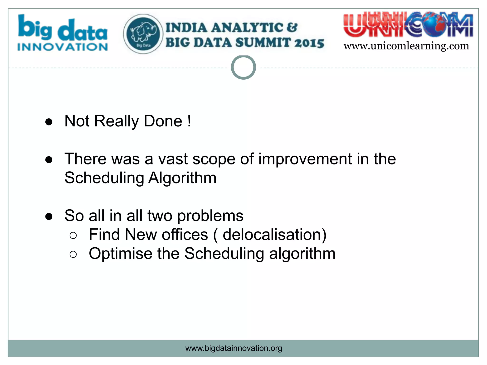 www.bigdatainnovation.org
www.unicomlearning.com
● Not Really Done ! 
● There was a vast scope of improvement in the
Scheduling Algorithm 
● So all in all two problems
○ Find New offices ( delocalisation)
○ Optimise the Scheduling algorithm
 