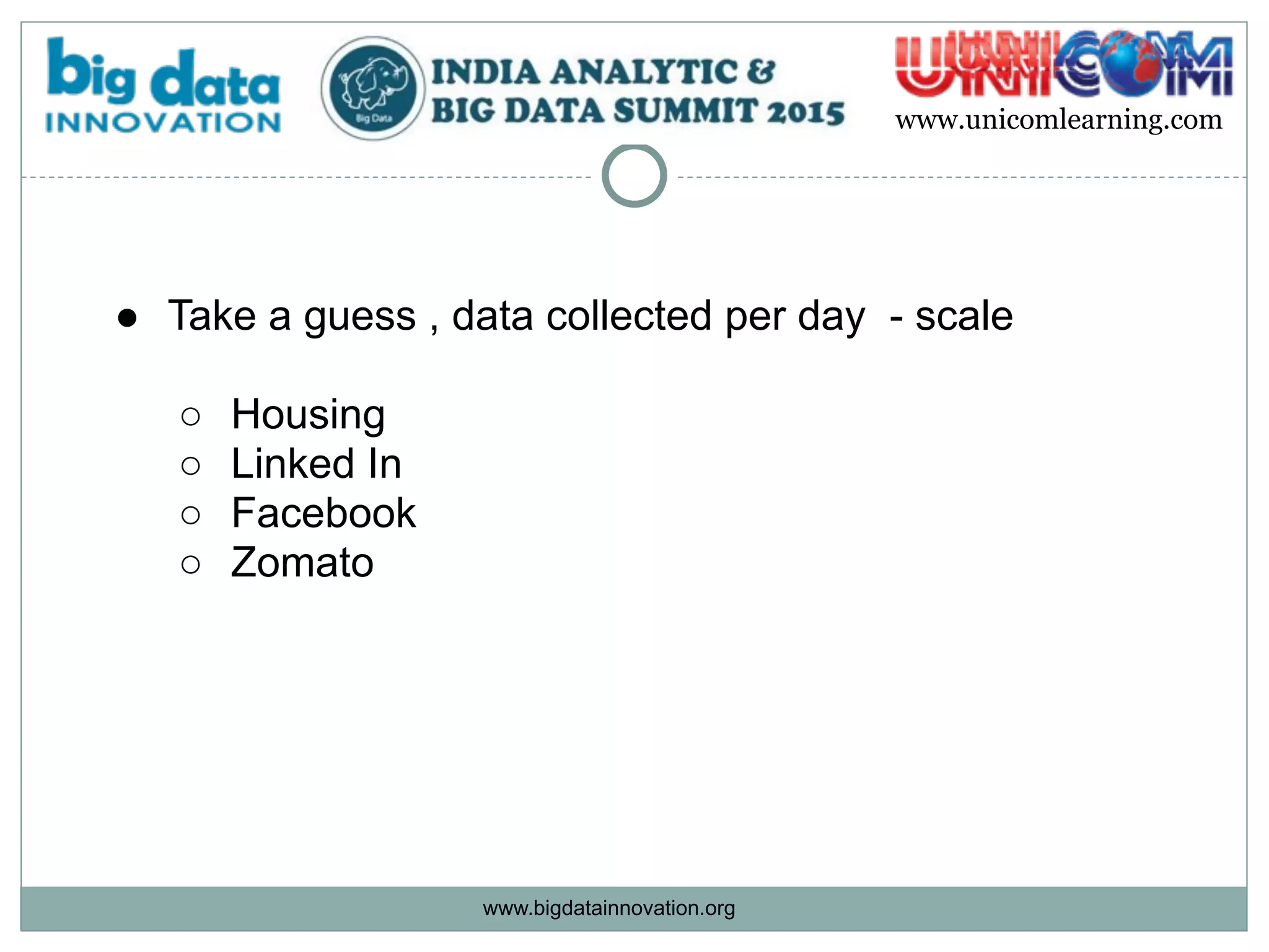 www.bigdatainnovation.org
www.unicomlearning.com
● Take a guess , data collected per day - scale  
○ Housing
○ Linked In
○ Facebook
○ Zomato
 