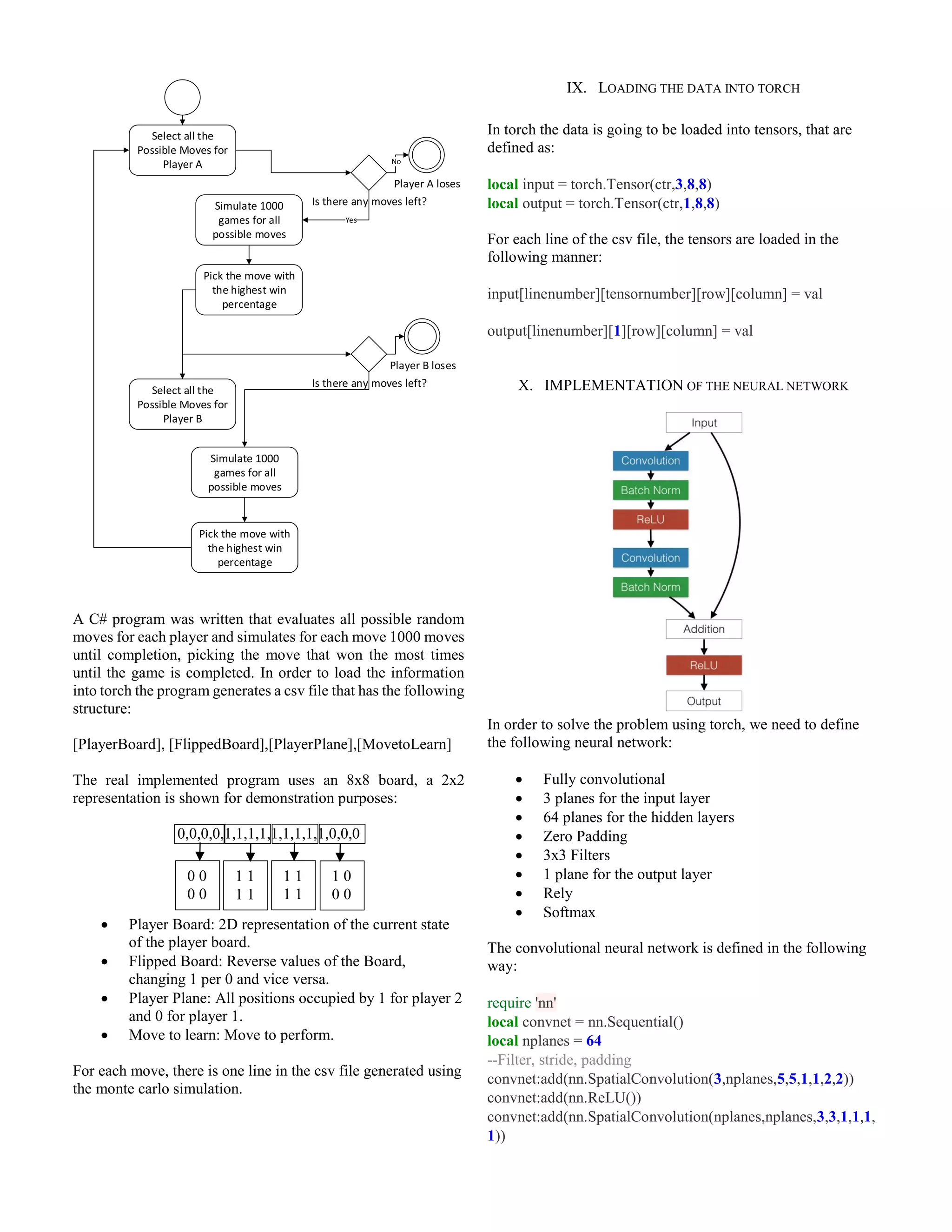 Select all the
Possible Moves for
Player A
Simulate 1000
games for all
possible moves
Pick the move with
the highest win
percentage
Select all the
Possible Moves for
Player B
Is there any moves left?
Yes
Player A loses
No
Simulate 1000
games for all
possible moves
Pick the move with
the highest win
percentage
Is there any moves left?
Player B loses
A C# program was written that evaluates all possible random
moves for each player and simulates for each move 1000 moves
until completion, picking the move that won the most times
until the game is completed. In order to load the information
into torch the program generates a csv file that has the following
structure:
[PlayerBoard], [FlippedBoard],[PlayerPlane],[MovetoLearn]
The real implemented program uses an 8x8 board, a 2x2
representation is shown for demonstration purposes:
0,0,0,0,1,1,1,1,1,1,1,1,1,0,0,0
 Player Board: 2D representation of the current state
of the player board.
 Flipped Board: Reverse values of the Board,
changing 1 per 0 and vice versa.
 Player Plane: All positions occupied by 1 for player 2
and 0 for player 1.
 Move to learn: Move to perform.
For each move, there is one line in the csv file generated using
the monte carlo simulation.
IX. LOADING THE DATA INTO TORCH
In torch the data is going to be loaded into tensors, that are
defined as:
local input = torch.Tensor(ctr,3,8,8)
local output = torch.Tensor(ctr,1,8,8)
For each line of the csv file, the tensors are loaded in the
following manner:
input[linenumber][tensornumber][row][column] = val
output[linenumber][1][row][column] = val
X. IMPLEMENTATION OF THE NEURAL NETWORK
In order to solve the problem using torch, we need to define
the following neural network:
 Fully convolutional
 3 planes for the input layer
 64 planes for the hidden layers
 Zero Padding
 3x3 Filters
 1 plane for the output layer
 Rely
 Softmax
The convolutional neural network is defined in the following
way:
require 'nn'
local convnet = nn.Sequential()
local nplanes = 64
--Filter, stride, padding
convnet:add(nn.SpatialConvolution(3,nplanes,5,5,1,1,2,2))
convnet:add(nn.ReLU())
convnet:add(nn.SpatialConvolution(nplanes,nplanes,3,3,1,1,1,
1))
0 0
0 0
1 1
1 1
1 1
1 1
1 0
0 0
 