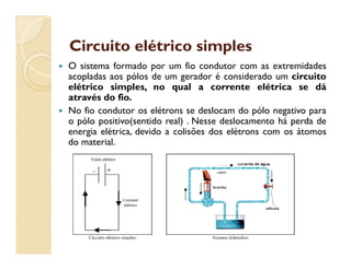 Circuito elétrico simplesCircuito elétrico simples
 O sistema formado por um fio condutor com as extremidades
acopladas aos pólos de um gerador é considerado um circuito
elétrico simples, no qual a corrente elétrica se dá
através do fio.
 No fio condutor os elétrons se deslocam do pólo negativo para
o pólo positivo(sentido real) . Nesse deslocamento há perda de
energia elétrica, devido a colisões dos elétrons com os átomos
do material.
energia elétrica, devido a colisões dos elétrons com os átomos
do material.
 