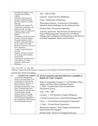 -
and Approved Budget for the
Contract under Bidding
(ABCB)
-Schedules Advertisement,
Issuance of Bid Documents,
Pre-Bid Conference, and Bid
Openings.
-Schedules and conducts Pre-
Construction conferences, and
regular periodic meetings.
Prepares reports for submission
to the head office of the
DepED.
-Coordinate with the Provincial
Governor, Municipal Mayors,
Municipal Engineers, BAC
members, Education Officials
for the conduct of Ground
Breaking Ceremonies, and Turn
Over ceremonies.
-Conduct Equity Generation
Activities
-Inspects, monitors, & checks
all on-going school building
constructions.
-Coordination and Monitoring
of the delivery of School
Equipment, Books, and
Furnitures.
Year: 2002 to 2008
Location: Agusan del Sur, Philippines
Client: Department of Education
Main project features: Construction of Secondary
Education School Buildings for the whole province.
Positions held: Procurement Specialist
Activities performed: Procurement of Contractor and
Project Monitoring and Evaluation for Civil Works
Package and Coordination and Monitoring of the delivery
of School Equipment, Books, and Furnitures
From :Nov 1999 To : July 2002
Employer: Engineering & Development Corporation of the Philippines (EDCOP)/SYMOND PHILS.
Positions held: Senior Civil Engineer
11. Detailed Tasks Assigned
-Construction Management
Services and monitoring of the
construction of Transmission
and Distribution Networks for
Water and Waste Water
including elevated Water Tank,
Water Treatment Plant, Raw
Water Reservoir, Filtration and
Treatment Plant, Sewage
Treatment Plant and Sewage
Pumping Stations, and Deep
Well Drilling and upgrading of
the existing Water Network and
Sewer Distribution System.
12. Work Undertaken that Best Illustrates Capability to
Handle the Tasks Assigned
Name of assignment or project: 1. Fort Bonifacio Water
Supply and Waste Water Sanitation Project.
2. Clark –Vivendi Water Network and Sewer
Distribution System
Year: 1999 - 2002
Location: 1. Fort Bonifacio, Taguig, Philippines
2. Clark Economic Zone, Clark Field, Pampanga, Phils.
Client: 1. Fort Bonifacio Development Corporation
2. Clark – Vivendi Water Corporation
Main project features: Water Supply and Sanitation
Infrastructure Development.
Positions held: Senior Civil EngineerActivities
 