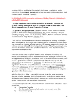 meaning which are combined differently (or lexicalized) to form different words.
Recognizing these semantic components can help us to understand how words are fitted
together, to work together as a sentence.
28. Schiffrin, D. (2003). Approaches to Discourse. Malden: Blackwell. (Original work
published 1994) (Female)
This book is a guide to several important scholars’ frameworks, concepts, and
methods available for discourse analysis within linguistics, including speech act
theory, pragmatics, and Gricean Cooperative Principle.
The speech act theory begins with Austin and is also in part the brainchild of Searle.
Speech act theory asserts that statements do more than just say something— they do
something in saying. Speech acts are, according to Searle, the most fundamental elements
of communication, every utterance performs an act.
There is a close relationship between semantics and pragmatics, meaning, according to
Searle builds upon the relationship of reference (in locution) and intention (in illocution);
thus meaning in an U tethers reference together with intention, (meaning is a concept that
within an utterance intended within that particular context). Therefore, meaning, in part,
relates to the intention which is the force behind the words, so the illocutionary force,
explains the meaning via context.
Searle also review Austin’s segment of speech act of three parts: locutionary acts,
uttering words with sense (sounds) and reference (semantic meaning); illocutionary acts,
the act performed in saying and the intention of the act, that which works according to the
rules of a “performative formula” (context and text); and perlocutionary acts, the
consequence of the utterance on an interlocutor. The illocutionary act is especially
important to illustrate the force of the utterance. Searle breaks Austin’s locutionary act
into two acts, utterance act (phonetic and semantic coding) and propositional act (the
utterance’s content, one of the four definitive conditions which Searle uses to categorize a
speech act within the taxonomy.)
Schiffrin also reviews Grice’s Cooperative Principle. According to the cooperative
principle, meaning is logically derived from the concept of implicature, (where a word
signifies a semantic meaning but also relates that word to a context dependent upon the
speaker’s use according to conversational conventions).
The cooperative principle is the proposal that human communication is based on. Grice’s
maxims are:
(v) The maxim of quantity
Give the required amount of information—not too much or too little.
(vi) The maxim of quality
32
 