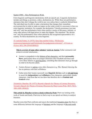 Searle (1989) - How Performatives Work
Extra linguistic and linguistic declarations, both are speech acts. Linguistic declarations
include such things as promises, orders, declarations etc. While these are performative
utterances they don’t change the world in any way unless there is authority behind them.
The individual may be able to make a declaration that changes their immediate
environment but in order to make an impact on the wider world it is necessary to have an
extra linguistic institution. For example, the declaration “I hereby pronounce you man
and wife” only has performative force when said by a justice of the peace, minister, or
some other person with legal power to make this happen. The statement “We declare
war” only has performative force when uttered by the recognized representative of a
country. So these declarations are extra linguistic.
23. (article) Gubar, S. (1975). Sane Jane and the Critics: “Professions
(expression/statements) and Falsehoods (lies/judgements/criticism)”. A Forum on
Fiction, 8(3), 246-259 (FEMALE)
This is a review of some other scholars’ work on Austen. Gubar summaries and
comes to several conclusions:
• Austen is sympathetic to the failures of her characters, and their personality
flaws, particularly those of younger characters (like Elizabeth and Jane) and
views these failures as growing pains, something that characters must go through
in order to be become adults.
• Austen chooses to satirize some other characters (e.g. Mrs. Bennet) showing she
has no patience with their selfishness.
• Gubar notes that Austen repeatedly uses linguistic devices such as wit and irony
to assert the independence and wilfulness of her characters, particularly female
characters. And from that we can draw that therefore she is a feminist and
ironical writer.
24.(article). Hancher, M. (1977). Beyond a Speech-Act Theory of Literary Discourse:
Toward a Speech Act Theory of Literary Discourse by Mary Louise Pratt. MLN, 92(5),
1081-1098. (MALE)
This article by Hancher reviews a book written by Pratt. Pratt was looking at the
work of Austin and Searle, Pratt tries to find a way to use speech act theory to analyze
literature.
Hancher notes that Pratt confronts and rejects the traditional formalist claim that there is
some difference between the language of literature and the language of the real world.
62
 