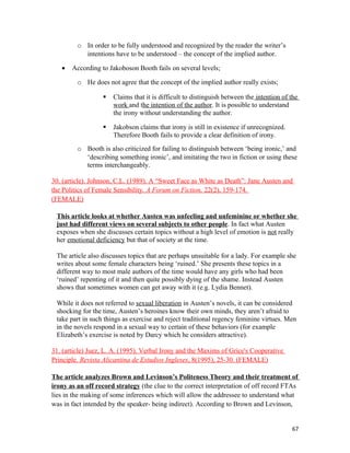 o In order to be fully understood and recognized by the reader the writer’s
intentions have to be understood – the concept of the implied author.
• According to Jakoboson Booth fails on several levels;
o He does not agree that the concept of the implied author really exists;
 Claims that it is difficult to distinguish between the intention of the
work and the intention of the author. It is possible to understand
the irony without understanding the author.
 Jakobson claims that irony is still in existence if unrecognized.
Therefore Booth fails to provide a clear definition of irony.
o Booth is also criticized for failing to distinguish between ‘being ironic,’ and
‘describing something ironic’, and imitating the two in fiction or using these
terms interchangeably.
30. (article). Johnson, C.L. (1989). A “Sweet Face as White as Death”: Jane Austen and
the Politics of Female Sensibility. A Forum on Fiction, 22(2), 159-174.
(FEMALE)ABSTRACT
This article looks at whether Austen was unfeeling and unfeminine or whether she
just had different views on several subjects to other people. In fact what Austen
exposes when she discusses certain topics without a high level of emotion is not really
her emotional deficiency but that of society at the time.
The article also discusses topics that are perhaps unsuitable for a lady. For example she
writes about some female characters being ‘ruined.’ She presents these topics in a
different way to most male authors of the time would have any girls who had been
‘ruined’ repenting of it and then quite possibly dying of the shame. Instead Austen
shows that sometimes women can get away with it (e.g. Lydia Bennet).
While it does not referred to sexual liberation in Austen’s novels, it can be considered
shocking for the time, Austen’s heroines know their own minds, they aren’t afraid to
take part in such things as exercise and reject traditional regency feminine virtues. Men
in the novels respond in a sexual way to certain of these behaviors (for example
Elizabeth’s exercise is noted by Darcy which he considers attractive).
31. (article) Juez, L. A. (1995). Verbal Irony and the Maxims of Grice's Cooperative
Principle. Revista Alicantina de Estudios Ingleses, 8(1995), 25-30. (FEMALE)
The article analyzes Brown and Levinson’s Politeness Theory and their treatment of
irony as an off record strategy (the clue to the correct interpretation of off record FTAs
lies in the making of some inferences which will allow the addressee to understand what
was in fact intended by the speaker- being indirect). According to Brown and Levinson,
67
 