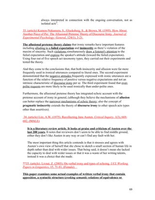 always interpreted in connection with the ongoing conversation, not as
isolated acts”.
33. (article) Kumon-Nakamura, S., Glucksberg, S., & Brown, M. (1995). How About
Another Piece of Pie: The Allusional Pretense Theory of Discourse Irony. Journal of
Experimental Psychology: General, 124(1), 3-21.
The allusional pretense theory claims that ironic remarks have important features
including alluding to a failed expectation and insincerity as there’s violation of the
maxim of sincerity. Such violations simultaneously draw a listener's attention to the
failed expectation and express the speaker's attitude (toward the failed expectation).
Using four out of five speech act taxonomy types, they carried out their experiments and
tested the theory.
And they come to the conclusions that, that both insincerity and allusion were far more
frequently used in ironical utterances compared to literal ones. The second experiment
demonstrated that the negative attitudes frequently expressed with ironic utterances are a
function of the relative frequency of positive versus negative expectations and not an
intrinsic characteristic of discourse irony per se. The third experiment found that over-
polite requests are more likely to be used ironically than under-polite ones.
Furthermore, the allusional pretense theory has integrated echoic account with the
pretense account of irony in general, (although they believe the mechanisms of allusion
can better replace the narrower mechanisms of echoic theory; also the concept of
pragmatic insincerity extends the theory of discourse irony to other speech acts types
other than assertives).
34. (article) Litz, A.W. (1975). Recollecting Jane Austen. Critical Inquiry. 1(3), 669-
682. (MALE)
It is a literature review article. It looks at praise and criticism of Austen over the
last 200 years. It notes that reviewers don’t seem to be able to find middle ground,
either they don’t like Austen in any way or can’t find any fault with her.
The most important thing this article contends is that it stresses and agrees with
Austen’s own view of herself that she chose to sketch a small section of human life in
depth rather than deal with wider issues. That being said, it doesn’t mean she lacked
the capacity to deal with wider issues or that it was a waste of her writing talents,
instead it was a choice that she made.
**35. (article). Livnat, Z. (2003). On verbal irony and types of echoing. UCL Working
Papers in Linguistics, 15, 71-81. (Female).
This paper examines some actual examples of written verbal irony that contain
apposition, a syntactic structure (evoking semantic relations of equivalence or
69
 