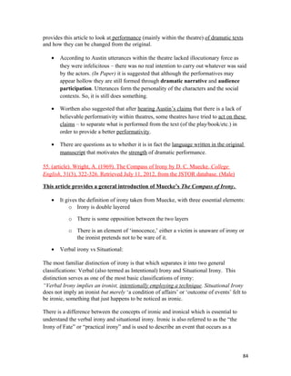 provides this article to look at performance (mainly within the theatre) of dramatic texts
and how they can be changed from the original.
• According to Austin utterances within the theatre lacked illocutionary force as
they were infelicitous – there was no real intention to carry out whatever was said
by the actors. (In Paper) it is suggested that although the performatives may
appear hollow they are still formed through dramatic narrative and audience
participation. Utterances form the personality of the characters and the social
contexts. So, it is still does something.
• Worthen also suggested that after hearing Austin’s claims that there is a lack of
believable performativity within theatres, some theatres have tried to act on these
claims – to separate what is performed from the text (of the play/book/etc.) in
order to provide a better performativity.
• There are questions as to whether it is in fact the language written in the original
manuscript that motivates the strength of dramatic performance.
55. (article). Wright, A. (1969). The Compass of Irony by D. C. Muecke. College
English, 31(3), 322-326. Retrieved July 11, 2012, from the JSTOR database. (Male)
This article provides a general introduction of Muecke’s The Compass of Irony.
• It gives the definition of irony taken from Muecke, with three essential elements:
o Irony is double layered
o There is some opposition between the two layers
o There is an element of ‘innocence,’ either a victim is unaware of irony or
the ironist pretends not to be ware of it.
• Verbal irony vs Situational:
The most familiar distinction of irony is that which separates it into two general
classifications: Verbal (also termed as Intentional) Irony and Situational Irony. This
distinction serves as one of the most basic classifications of irony:
“Verbal Irony implies an ironist, intentionally employing a technique. Situational Irony
does not imply an ironist but merely ‘a condition of affairs’ or ‘outcome of events’ felt to
be ironic, something that just happens to be noticed as ironic.
There is a difference between the concepts of ironic and ironical which is essential to
understand the verbal irony and situational irony. Ironic is also referred to as the “the
Irony of Fate” or “practical irony” and is used to describe an event that occurs as a
84
 