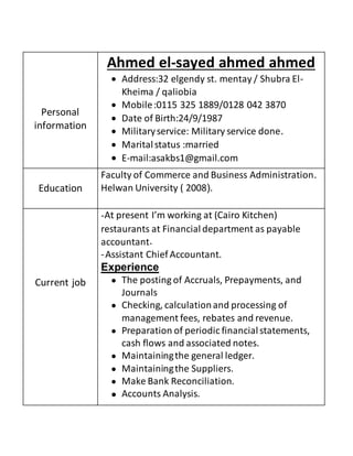 Personal
information
Ahmed el-sayed ahmed ahmed
 Address:32 elgendy st. mentay / Shubra El-
Kheima / qaliobia
 Mobile:0115 325 1889/0128 042 3870
 Date of Birth:24/9/1987
 Militaryservice: Military service done.
 Maritalstatus :married
 E-mail:asakbs1@gmail.com
Education
Faculty of Commerce and Business Administration.
Helwan University ( 2008(.
Current job
-At present I’m working at (Cairo Kitchen)
restaurants at Financial department as payable
accountant.
-Assistant Chief Accountant.
Experience
 The posting of Accruals, Prepayments, and
Journals
 Checking, calculationand processing of
management fees, rebates and revenue.
 Preparation of periodic financialstatements,
cash flows and associated notes.
 Maintainingthe general ledger.
 Maintainingthe Suppliers.
 Make Bank Reconciliation.
 Accounts Analysis.
 