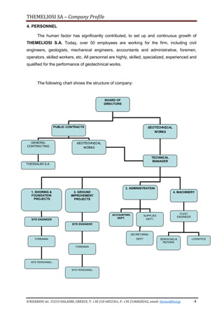 THEMELIOSI SA – Company Profile
8 RIZARIOU str, 15233 HALADRI, GREECE, T: +30 210 6852361, F: +30 2106828242, email: themsi@hol.gr -4
BOARD OF
DIRECTORS
TECHNICAL
MANAGER
1. SHORING &
FOUNDATION
PROJECTS
2. GROUND
IMPROVEMENT
PROJECTS
3. ADMINISTRATION
4. MACHINERY
SITE ENGINEER
SITE ENGINEER
ACCOUNTING
DEPT.
FOREMAN
SITE PERSONNEL
FOREMAN
SITE PERSONNEL
SUPPLIES
DEPT.
SECRETARIAL
DEPT
FLEET
ENGINEER
LOGISTICSSERVICING &
REPAIRS
GEOTECHNICAL
WORKS
PUBLIC CONTRACTS
GENERAL
CONTRACTING
GEOTECHNICAL
WORKS
THESSALIKI S.A.
4. PERSONNEL
The human factor has significantly contributed, to set up and continuous growth of
THEMELIOSI S.A. Today, over 50 employees are working for the firm, including civil
engineers, geologists, mechanical engineers, accountants and administrative, foremen,
operators, skilled workers, etc. All personnel are highly, skilled, specialized, experienced and
qualified for the performance of geotechnical works.
The following chart shows the structure of company:
 