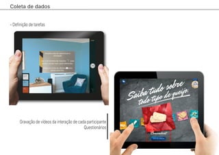 Coleta de dados
Gravação de vídeos da interação de cada participante
Questionários
- Definição de tarefas
 