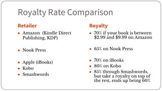 Royalty Rate Comparison
Retailer Royalty
● Amazon (Kindle Direct
Publishing, KDP)
● Nook Press
● Apple (iBooks)
● Kobo
● Smashwords
● 70% if your book is between
$2.99 and $9.99 on Amazon
● 65% on Nook Press
● 70% on iBooks
● 80% on Kobo
● 85% through Smashwords,
but take a royalty on top of
the rest, ends up being 60%
 