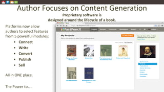 Author Focuses on Content Generation
Platforms now allow
authors to select features
from 5 powerful modules:
• Connect
• Write
• Convert
• Publish
• Sell
All in ONE place.
The Power to…
Proprietary software is
designed around the lifecycle of a book.
 