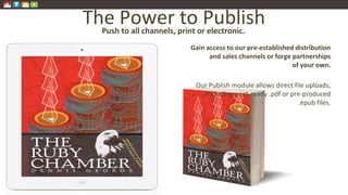 The Power to Publish
Gain access to our pre-established distribution
and sales channels or forge partnerships
of your own.
Our Publish module allows direct file uploads,
including print-ready .pdf or pre-produced
.epub files.
Push to all channels, print or electronic.
 