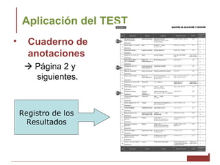 Aplicación del TEST
•     Cuaderno de
      anotaciones
      Página 2 y
       siguientes.



    Registro de los
      Resultados
 