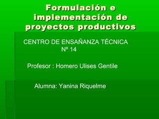 Formulación e
implementación de
proyectos productivos
CENTRO DE ENSAÑANZA TÉCNICA
Nº 14
Profesor : Homero Ulises Gentile
Alumna: Yanina Riquelme

 