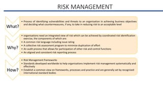 RISK MANAGEMENT
What?
• Process of identifying vulnerabilities and threats to an organisation in achieving business objectives
and deciding what countermeasures, if any, to take in reducing risk to an acceptable level
Why?
• organisations need an integrated view of risk which can be achieved by coordinated risk identification
exercise, the components of which are:
• A common risk language including issue rating
• A collective risk assessment program to minimize duplication of effort
• An audit process that allows for participation of other risk and control functions
• An aligned and consistent risk reporting process
How?
• Risk Management frameworks
• Standards developed worldwide to help organisations implement risk management systematically and
effectively
• Establish a common view on frameworks, processes and practice and are generally set by recognised
international standard bodies
 