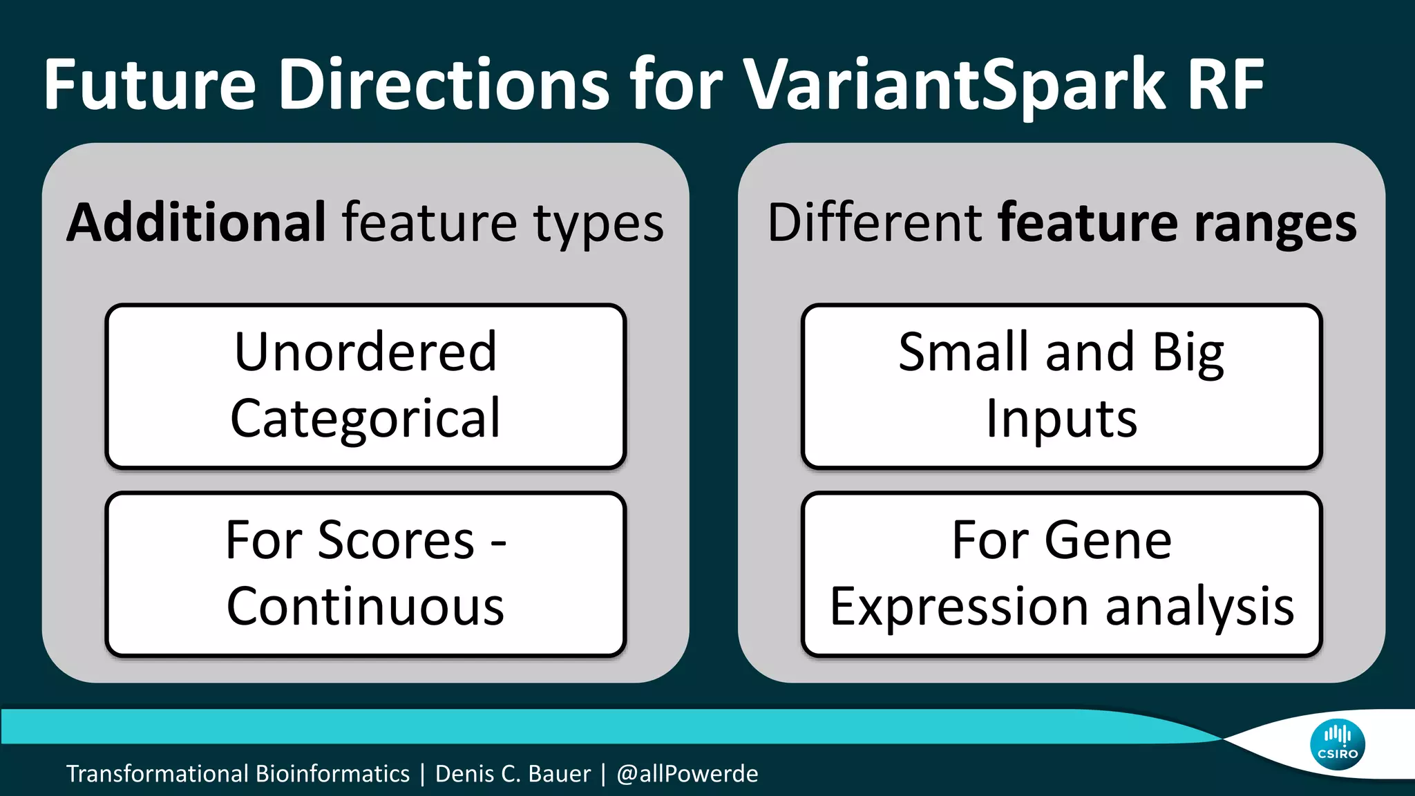 Future Directions for VariantSpark RF
Additional feature types
Unordered
Categorical
For Scores -
Continuous
Different feature ranges
Small and Big
Inputs
For Gene
Expression analysis
Transformational Bioinformatics | Denis C. Bauer | @allPowerde
 