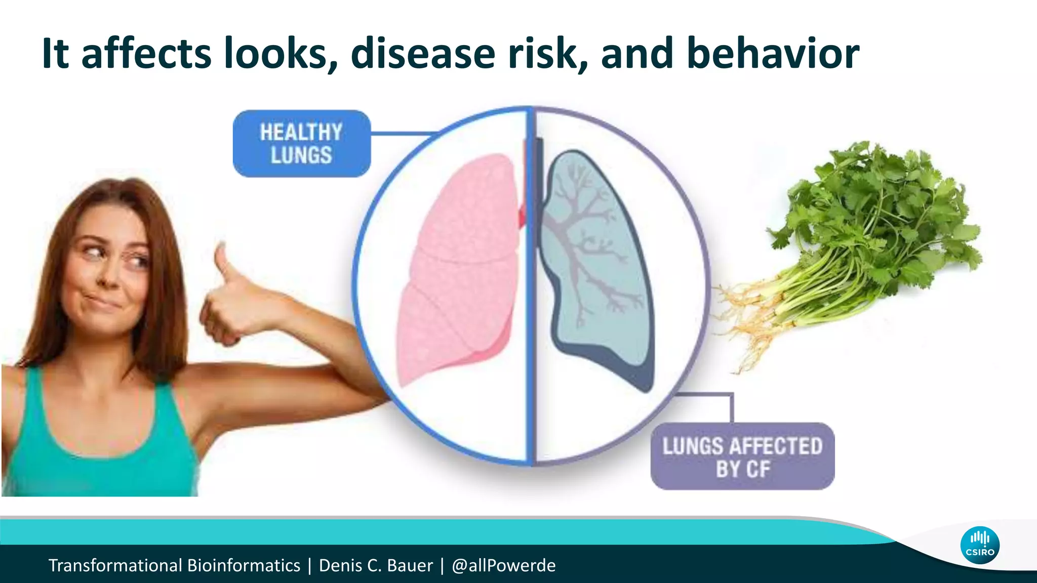 It affects looks, disease risk, and behavior
Transformational Bioinformatics | Denis C. Bauer | @allPowerde
 