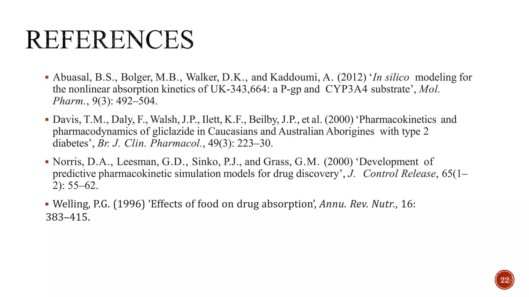  Abuasal, B.S., Bolger, M.B., Walker, D.K., and Kaddoumi, A. (2012) ‘In silico modeling for
the nonlinear absorption kinetics of UK-343,664: a P-gp and CYP3A4 substrate’, Mol.
Pharm., 9(3): 492–504.
 Davis, T.M., Daly, F., Walsh, J.P., Ilett, K.F., Beilby, J.P., et al. (2000) ‘Pharmacokinetics and
pharmacodynamics of gliclazide in Caucasians and Australian Aborigines with type 2
diabetes’, Br. J. Clin. Pharmacol., 49(3): 223–30.
 Norris, D.A., Leesman, G.D., Sinko, P.J., and Grass, G.M. (2000) ‘Development of
predictive pharmacokinetic simulation models for drug discovery’, J. Control Release, 65(1–
2): 55–62.
 Welling, P.G. (1996) ‘Effects of food on drug absorption’, Annu. Rev. Nutr., 16:
383–415.
22
 