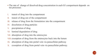  The rate of change of dissolved drug concentration in each GI compartment depends on
ten processes:
I. transit of drug into the compartment
II. transit of drug out of the compartment
III. release of drug from the formulation into the compartment
IV. dissolution of drug particles
V. precipitation of drug
VI. luminal degradation of drug
VII. absorption of drug into the enterocytes
VIII. exsorption of drug from the enterocytes back into the lumen
IX. absorption of drug into portal vein via paracellular pathway
X. exsorption of drug from portal vein via paracellular pathway.
13
 