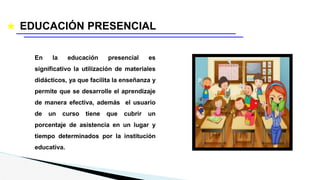 ★ EDUCACIÓN PRESENCIAL
En la educación presencial es
significativo la utilización de materiales
didácticos, ya que facilita la enseñanza y
permite que se desarrolle el aprendizaje
de manera efectiva, además el usuario
de un curso tiene que cubrir un
porcentaje de asistencia en un lugar y
tiempo determinados por la institución
educativa.
 