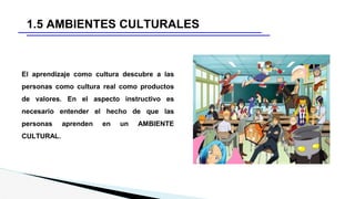 1.5 AMBIENTES CULTURALES
El aprendizaje como cultura descubre a las
personas como cultura real como productos
de valores. En el aspecto instructivo es
necesario entender el hecho de que las
personas aprenden en un AMBIENTE
CULTURAL.
 