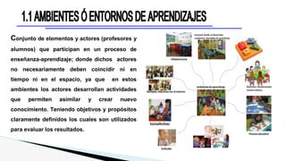 Conjunto de elementos y actores (profesores y
alumnos) que participan en un proceso de
enseñanza-aprendizaje; donde dichos actores
no necesariamente deben coincidir ni en
tiempo ni en el espacio, ya que en estos
ambientes los actores desarrollan actividades
que permiten asimilar y crear nuevo
conocimiento. Teniendo objetivos y propósitos
claramente definidos los cuales son utilizados
para evaluar los resultados.
 