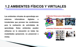 1.2 AMBIENTES FÍSICOS Y VIRTUALES
Los ambientes virtuales de aprendizaje son
entornos informáticos digitales e
inmateriales que proveen las condiciones
para la realización de actividades de
aprendizaje. Estos ambientes pueden
utilizarse en la educación en todas las
modalidades (presencial, no presencial o
mixta).
 