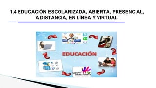 1.4 EDUCACIÓN ESCOLARIZADA, ABIERTA, PRESENCIAL,
A DISTANCIA, EN LÍNEA Y VIRTUAL.
 