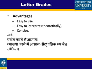 • Advantages
– Easy to use.
– Easy to interpret (theoretically).
– Concise.
िाभ
प्रयोग करने में आसान।
व्याख्या करने में आसान (सैद्र्ांततक रूि से)।
संक्षक्षप्त।
Letter Grades
 