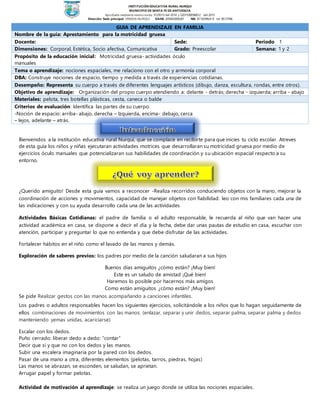 INSTITUCIÓN EDUCATIVA RURAL NURQUI
MUNICIPIO DE SANTA FE DE ANTIOQUIA
Aprobada mediante resoluciones: S129313 del 2014 y S201500096812 del 2015
Dirección Sede principal: VEREDA NURQUI. DANE: 205042000281 Nit: 811029924-9 tel: 8513786
Bienvenidos a la institución educativa rural Nurquí, que se complace en recibirte para que inicies tu ciclo escolar. Atreves
de esta guía los niños y niñas ejecutaran actividades motrices que desarrollaran su motricidad gruesa por medio de
ejercicios óculo manuales que potencializaran sus habilidades de coordinación y su ubicación espacial respecto a su
entorno.
¿Querido amiguito! Desde esta guía vamos a reconocer -Realiza recorridos conduciendo objetos con la mano, mejorar la
coordinación de acciones y movimientos, capacidad de manejar objetos con fiabilidad. leo con mis familiares cada una de
las indicaciones y con su ayuda desarrollo cada una de las actividades
Actividades Básicas Cotidianas: el padre de familia o el adulto responsable, le recuerda al niño que van hacer una
actividad académica en casa, se dispone a decir el día y la fecha, debe dar unas pautas de estudio en casa, escuchar con
atención, participar y preguntar lo que no entienda y que debe disfrutar de las actividades.
Fortalecer hábitos en el niño como el lavado de las manos y demás.
Exploración de saberes previos: los padres por medio de la canción saludaran a sus hijos
Buenos días amiguitos ¿cómo están? ¡Muy bien!
Este es un saludo de amistad ¡Qué bien!
Haremos lo posible por hacernos más amigos
Como están amiguitos ¿cómo están? ¡Muy bien!
Se pide Realizar gestos con las manos acompañando a canciones infantiles.
Los padres o adultos responsables hacen los siguientes ejercicios, solicitándole a los niños que lo hagan seguidamente de
ellos combinaciones de movimientos con las manos. (enlazar, separar y unir dedos, separar palma, separar palma y dedos
manteniendo yemas unidas, acariciarse)
Escalar con los dedos.
Puño cerrado: liberar dedo a dedo: “contar”
Decir que sí y que no con los dedos y las manos.
Subir una escalera imaginaria por la pared con los dedos.
Pasar de una mano a otra, diferentes elementos (pelotas, tarros, piedras, hojas)
Las manos se abrazan, se esconden, se saludan, se aprietan.
Arrugar papel y formar pelotas.
Actividad de motivación al aprendizaje: se realiza un juego donde se utiliza las nociones espaciales.
GUIA DE APRENDIZAJE EN FAMILIA
Nombre de la guía: Aprestamiento para la motricidad gruesa
Docente: Sede: Periodo 1
Dimensiones: Corporal, Estética, Socio afectiva, Comunicativa Grado: Preescolar Semana: 1 y 2
Propósito de la educación inicial: Motricidad gruesa- actividades óculo
manuales
Tema o aprendizaje: nociones espaciales, me relaciono con el otro y armonía corporal
DBA: Construye nociones de espacio, tiempo y medida a través de experiencias cotidianas.
Desempeño: Representa su cuerpo a través de diferentes lenguajes artísticos (dibujo, danza, escultura, rondas, entre otros).
Objetivo de aprendizaje: Organización del propio cuerpo atendiendo a: delante - detrás; derecha - izquierda; arriba - abajo
Materiales: pelota, tres botellas plásticas, cesta, caneca o balde
Criterios de evaluación: Identifica las partes de su cuerpo.
-Noción de espacio: arriba- abajo, derecha – Izquierda, encima- debajo, cerca
– lejos, adelante – atrás.
 