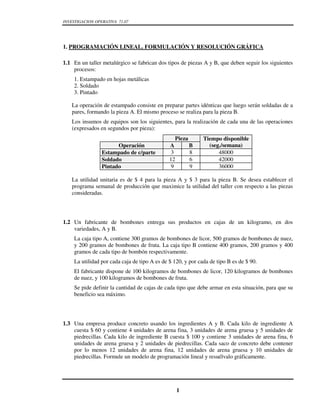 INVESTIGACION OPERATIVA 71.07
1
1. PROGRAMACIÓN LINEAL. FORMULACIÓN Y RESOLUCIÓN GRÁFICA
1.1 En un taller metalúrgico se fabrican dos tipos de piezas A y B, que deben seguir los siguientes
procesos:
1. Estampado en hojas metálicas
2. Soldado
3. Pintado
La operación de estampado consiste en preparar partes idénticas que luego serán soldadas de a
pares, formando la pieza A. El mismo proceso se realiza para la pieza B.
Los insumos de equipos son los siguientes, para la realización de cada una de las operaciones
(expresados en segundos por pieza):
Pieza Tiempo disponible
(seg./semana)Operación A B
Estampado de c/parte 3 8 48000
Soldado 12 6 42000
Pintado 9 9 36000
La utilidad unitaria es de $ 4 para la pieza A y $ 3 para la pieza B. Se desea establecer el
programa semanal de producción que maximice la utilidad del taller con respecto a las piezas
consideradas.
1.2 Un fabricante de bombones entrega sus productos en cajas de un kilogramo, en dos
variedades, A y B.
La caja tipo A, contiene 300 gramos de bombones de licor, 500 gramos de bombones de nuez,
y 200 gramos de bombones de fruta. La caja tipo B contiene 400 gramos, 200 gramos y 400
gramos de cada tipo de bombón respectivamente.
La utilidad por cada caja de tipo A es de $ 120, y por cada de tipo B es de $ 90.
El fabricante dispone de 100 kilogramos de bombones de licor, 120 kilogramos de bombones
de nuez, y 100 kilogramos de bombones de fruta.
Se pide definir la cantidad de cajas de cada tipo que debe armar en esta situación, para que su
beneficio sea máximo.
1.3 Una empresa produce concreto usando los ingredientes A y B. Cada kilo de ingrediente A
cuesta $ 60 y contiene 4 unidades de arena fina, 3 unidades de arena gruesa y 5 unidades de
piedrecillas. Cada kilo de ingrediente B cuesta $ 100 y contiene 3 unidades de arena fina, 6
unidades de arena gruesa y 2 unidades de piedrecillas. Cada saco de concreto debe contener
por lo menos 12 unidades de arena fina, 12 unidades de arena gruesa y 10 unidades de
piedrecillas. Formule un modelo de programación lineal y resuélvalo gráficamente.
 