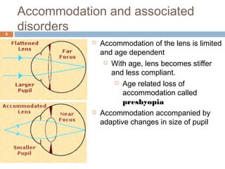 Accommodation and associated 
disorders 6 
 Accommodation of the lens is limited 
and age dependent 
 With age, lens becomes stiffer 
and less compliant. 
 Age related loss of 
accommodation called 
presbyopia 
 Accommodation accompanied by 
adaptive changes in size of pupil 
 