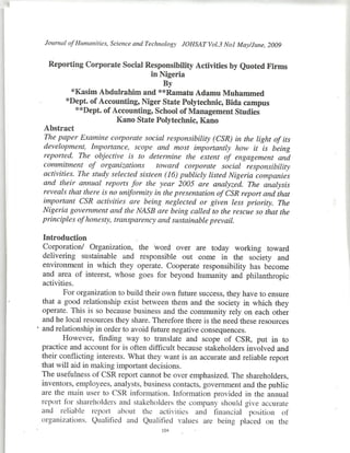 REPORTING CORPORATE SOCIAL RESPONSIBILITY ACTIVITIES BY QUOTED FIRMS IN NIGERIA BY KASIM ABDULRAHIM, RAMATU ADAMU MOHAMMED