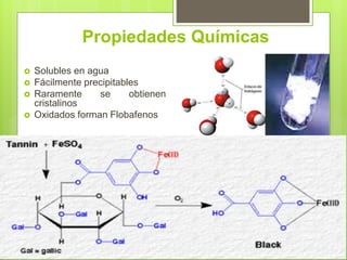 Propiedades Químicas
 Solubles en agua
 Fácilmente precipitables
 Raramente se obtienen
cristalinos
 Oxidados forman Flobafenos
 