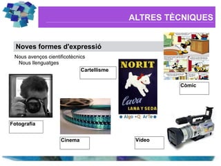 ALTRES TÈCNIQUES


  Noves formes d'expressió
 Nous avenços cientificotècnics
  Nous llenguatges
                             Cartellisme

                                                    Còmic




Fotografia


                    Cinema                  Vídeo
 
