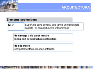 ARQUITECTURA


Elements sostenidors
 Mur            Suport de caire continu que tanca un edifici pels
                costats i el compartimenta interiorment.

       de càrrega o de paret mestra
       forma part de l'estructura sostenidora.

       de separació
       compartimentació d'espais interiors.
 