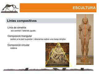 ESCULTURA


Línies compositives

Línia de simetria
   eix central / laterals iguals

Composició triangular
  vertex a la part superior i descansa sobre una base àmplia

Composició circular
  rodona
 