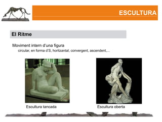 ESCULTURA


El Ritme

Moviment intern d’una figura
   circular, en forma d’S, horitzantal, convergent, ascendent,...




        Escultura tancada                               Escultura oberta
 